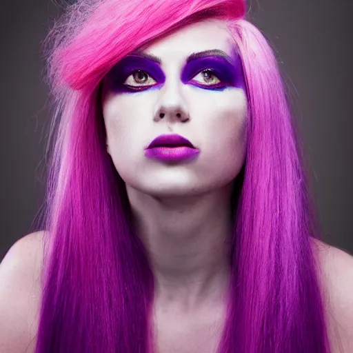 Prompt: a woman with pink hair and purple eyebrows, editorial fashion photography