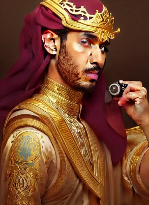 Image similar to king of saudi arabia playing video games, intricate, elegant, highly detailed, my rendition, digital painting, artstation, concept art, smooth, sharp focus, art by artgerm and greg rutkowski and alphonse mucha and uang guangjian and gil elvgren and sachin teng, symmetry!!