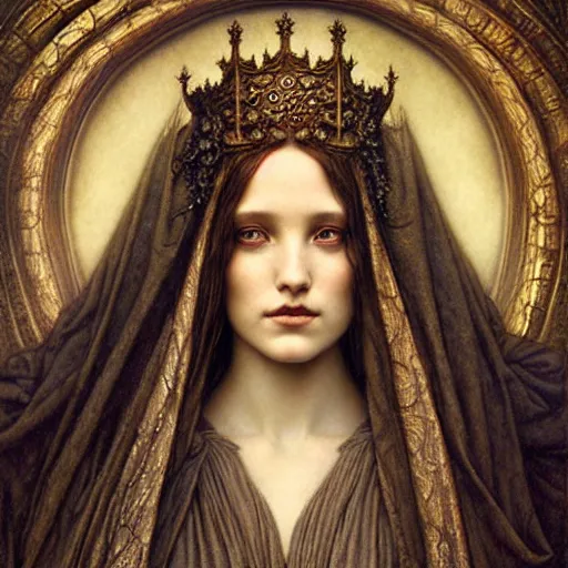 Image similar to detailed realistic beautiful young medieval queen face portrait by jean delville, tom bagshaw, brooke shaden, gustave dore and marco mazzoni, art nouveau, symbolist, visionary, gothic, pre - raphaelite, ornate gilded medieval icon, surreality