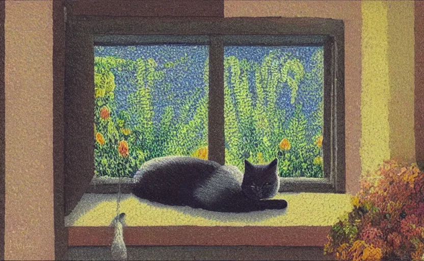 Prompt: sleeping cat on window, inside house in village, plants, tint colors, romantic vibe, divisionism and pointillism style