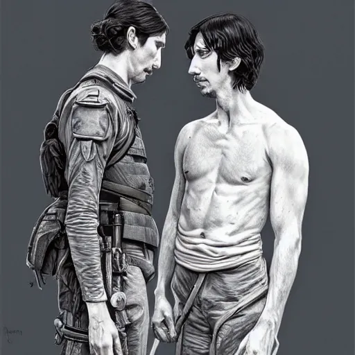 Prompt: portrait of adam driver helping a wounded john oliver, standing together, stoic, full body, military uniform, battle, war, fantasy, intricate, elegant, beautiful, highly detailed, charcoal, centered, dark, smokey, digital painting, artstation, concept art, smooth, sharp focus, illustration, art by artgerm and greg rutkowski and alphonse mucha