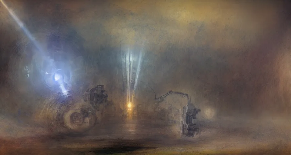 Image similar to Mech robot industrial complex. By Joseph Mallord William Turner, fractal flame, highly detailded