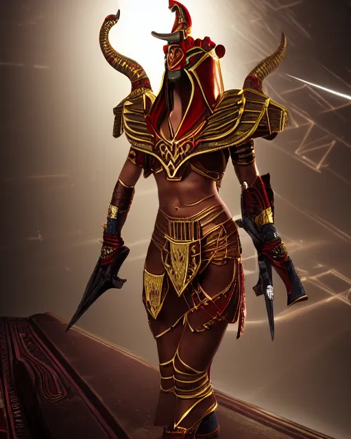 Prompt: red - haired final fantasy egyptian pharaoh minotaur, warframe armor, regal, attractive, ornate, sultry, sexy, beautiful, elize theron, pretty face, green eyes, scifi platform, 4 k, ultra realistic, epic lighting, illuminated, cinematic, black gold, art by akihito tsukushi, voidstar