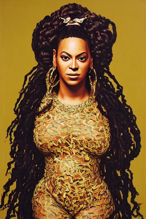 Image similar to Beyonce, portrait by Kehinde Wiley!!, oil paint on canvas, brushstrokes,