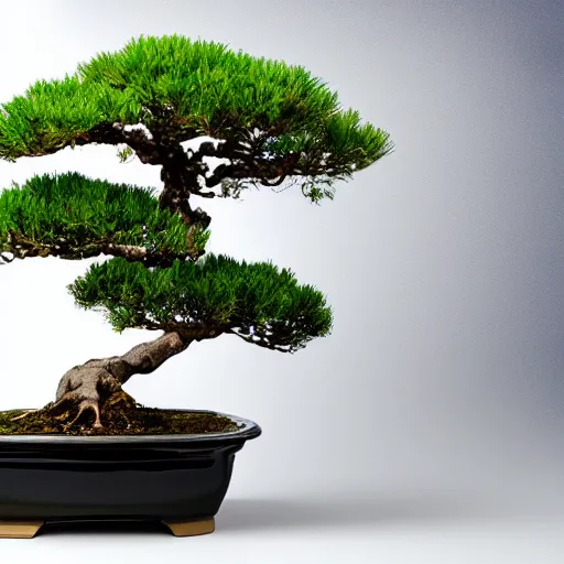 Image similar to bonsai tree, cyprus, in a black pot with white background, viewed from 30 degrees, detailed matte painting