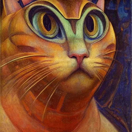 Prompt: masterpiece painting of a mechanical cat head, by annie swynnerton and diego rivera and nicholas roerich and jean delville, symbolist, dramatic lighting, god rays, elaborate geometric ornament, art brut, rich colors, smooth, sharp focus, extremely detailed, adolf wolfli and ( donato giancola )