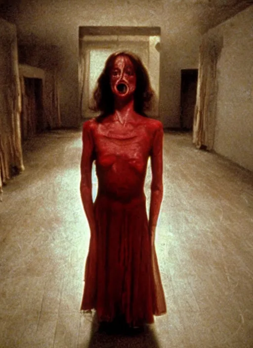 Prompt: horror practical fx of a human monster in the middle of a room in the night by dario argento suspiria light