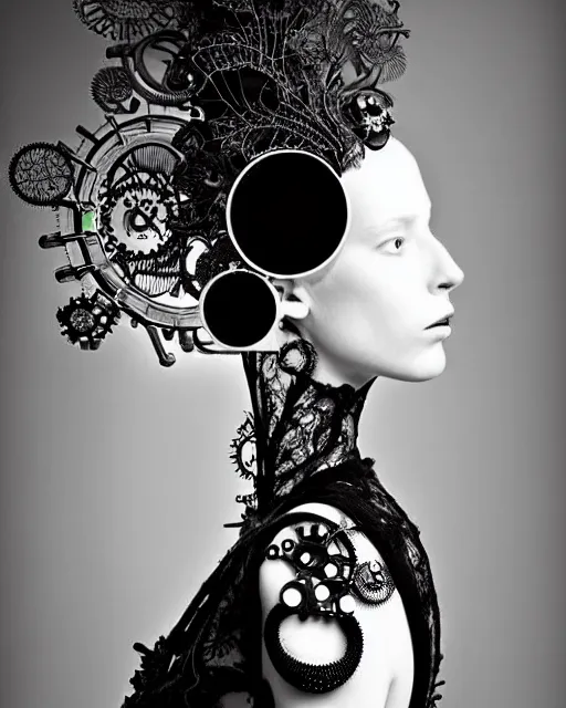 Image similar to surreal dark poetic black and white photo portrait of complex bio-mechanical beautiful young silver female vegetal-cyborg with a Mandelbrot fractal steampunk metal fine lace face, a very long neck and a fine metal floral foliage super big lace collar by Alexander McQueen:: smoke, high fashion, haute couture, rococo, steampunk, silver filigree details, anatomical, facial muscles, cable wires, microchip, elegant, dreamy, foggy atmosphere, hyper realistic, 150 mm lens, soft rim light, octane render, unreal engine, picture was taken in 1910 by Man Ray, volumetric lighting, dramatic light,8k,