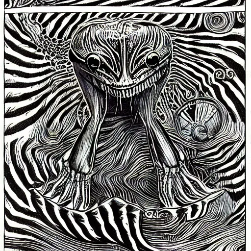 Image similar to eldritch frog abomination of unimaginable horror by h. r. giger and junji ito, speculative evolution, op art with big bold patterns