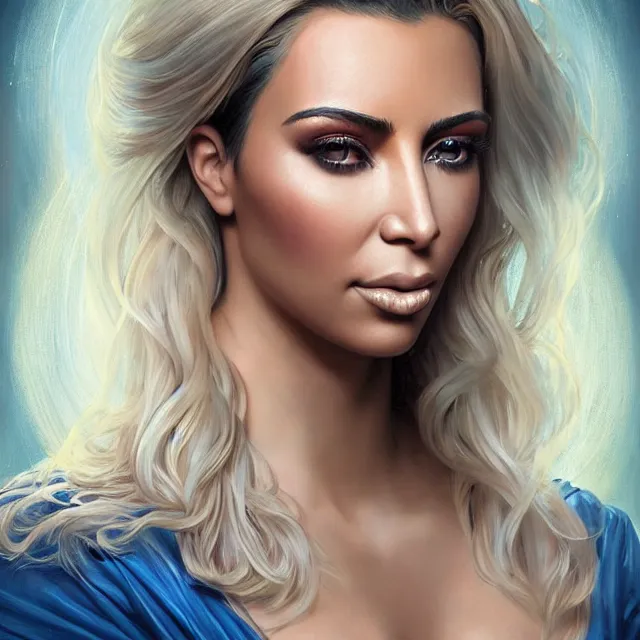 Prompt: Portrait of a mystical kim kardashian. Bright blue eyes, blonde hair, porcelain skin, full lips, oily chest, Fantasy art by artgerm and greg rutkowski and alphonse mucha, intricate, elegant, highly detailed, dramatic lighting, digital painting, concept art, illustration, award winning on artstation, D&D, AD&D.