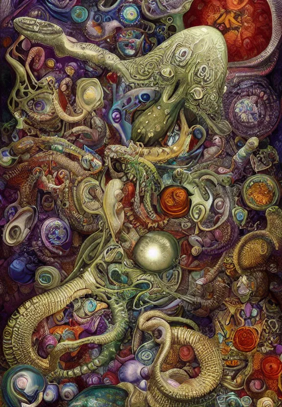 Image similar to simplicity, colorful muscular eldritch mollusks and bodies radiating town fractal, mandala white bones, colorful gems, by h. r. giger and esao andrews and maria sibylla merian eugene delacroix, gustave dore, thomas moran, pop art, chiaroscuro, biopunk, art nouveau