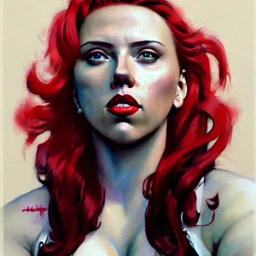 Prompt: greg manchess portrait of scarlett johansson as thick very muscular gothic weightlifter with red hair and black lipstick, fantasy medium shot, asymmetrical, profile picture, organic painting, sunny day, matte painting, bold shapes, hard edges, street art, trending on artstation, by huang guangjian and gil elvgren and sachin teng