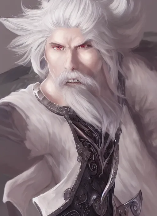 Prompt: a highly detailed illustration of fierce white haired parted through the middle young attractive asian man, wearing hakama, with black sclera eyes, heroically battle posing, intricate, elegant, highly detailed, centered, digital painting, artstation, concept art, smooth, sharp focus, league of legends concept art, WLOP