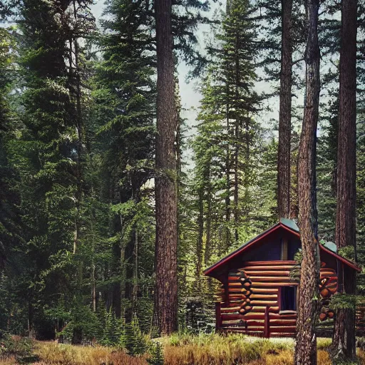 Image similar to cabin in the woods, pine trees, hyper realistic, national geographic cover, photograph, f 8. 0, 3 2 mm, polaroid