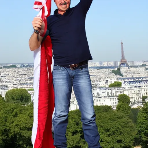 Prompt: Richard Hammond stands on the tip of the eiffel tower, proudly swining the american flag