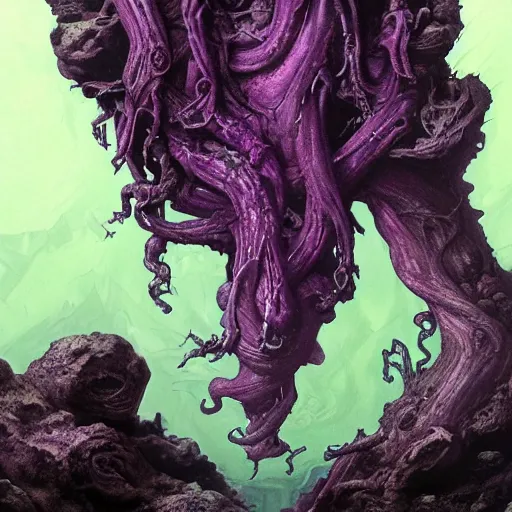 Prompt: Dark purple coloured plants made of slime growing in a rocky crevice, inspired by HR giger and Lovecraft, veins, dim red light, intricate, highly detailed, digital painting, artstation, concept art, sharp focus, illustration, art by greg rutkowski and alphonse mucha