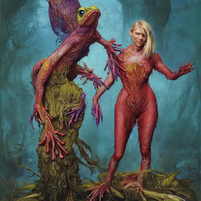 Image similar to a portrait photograph of claire danes as a brightly colored harpy amphibian hybrid with wet mutated skin. wearing a prosthetic organic catsuit. by tom bagshaw, donato giancola, hans holbein, walton ford, gaston bussiere, brian froud, peter mohrbacher and magali villeneuve. 8 k, cgsociety