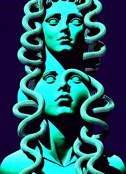 Prompt: statue of medusa, beeple, android jones, ( ( ( ( ( dan mumford ) ) ) ) ), vaporwave, retrowave, black background, neon wiring, black, glitch, strong contrast, cuts, pinterest, trending on artstation