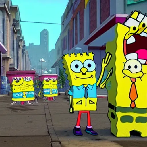 Image similar to 3D realistic SpongeBob and Sandy rapping, wearing cool rap outfits and bandanas, standing on the streets, surrounded by a crowd, unique angle, HDR, 4k, the earth is quaking under their feet from the music, shockwaves are coming out, graffiti in the background, details faces, visible eyes, unreal engine