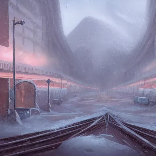 Prompt: a snowy run down metro by noah bradley, matte painting