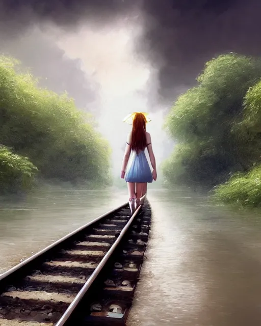 Image similar to photo of girl walking along train tracks that are submerged under a few inches of water toward a station in the distance, large white clouds, intricate, elegant, highly detailed, digital painting, artstation, concept art, smooth, sharp focus, illustration, art by artgerm and greg rutkowski and fra angelico