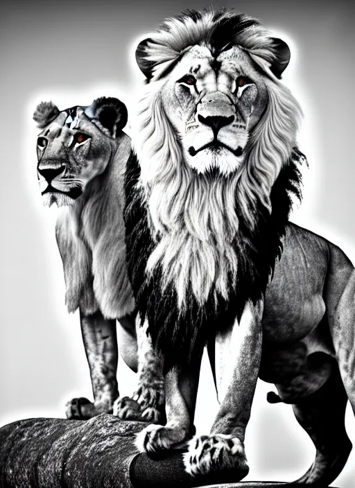 Image similar to lion and lioness black and white portrait white sky in background