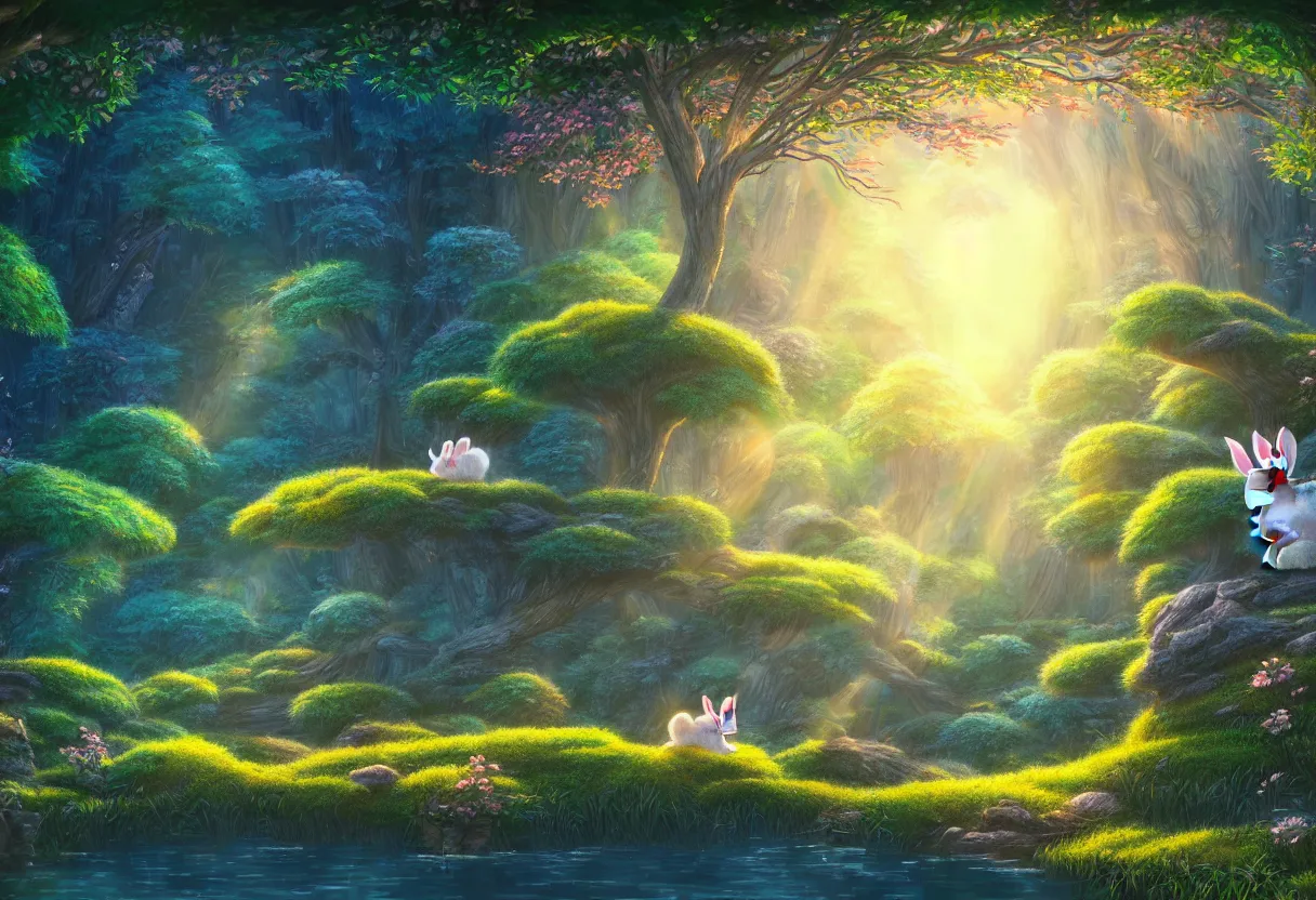 Prompt: a beautiful ultradetailed painting of dream forest, small rabbit, river, sunny, close shot, studio ghibli sunlight, archdaily, wallpaper, highly detailed, trending on artstation