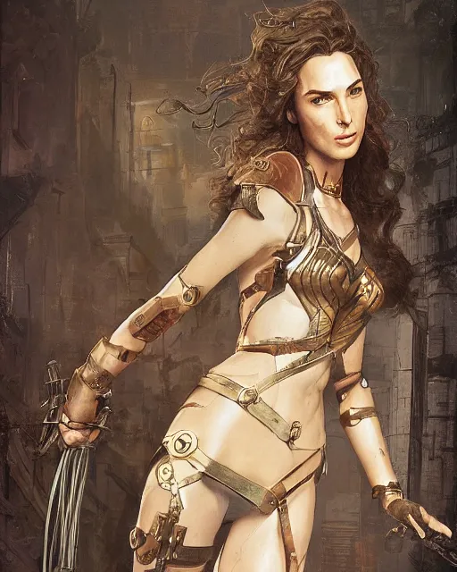 Image similar to highly detailed steampunk gal gadot standing, steel age : leonardo da vinci, greg rutkowski, magali villeneuve