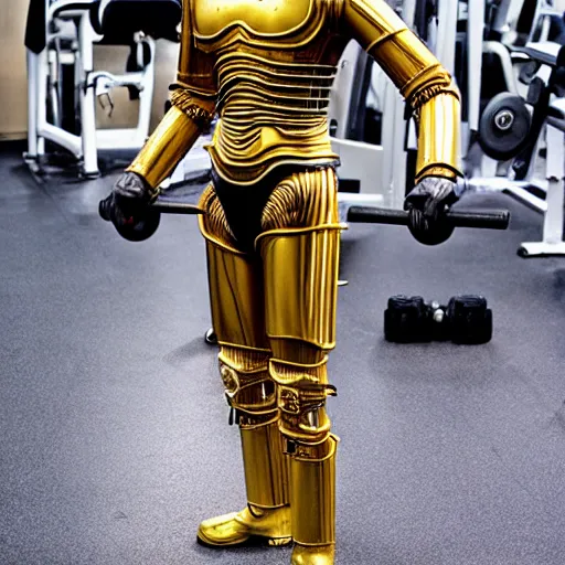 Prompt: c3po working out in a gym