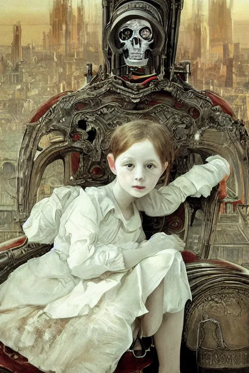 Prompt: photorealistic portrait photograph of a sad pale victorian robot child sitting on a red sofa made of human bones, surreal cityscape background, fantasy, depth of field, soft focus, highly detailed, intricate, realistic, national geographic cover, soft glow, textured, artstation, concept art, sharp focus, illustration, art by artgerm and greg rutkowski and alphonse mucha