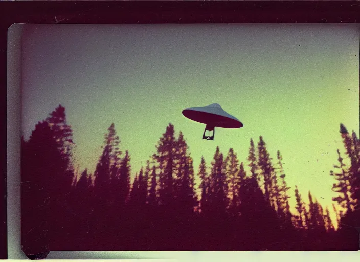 Image similar to aged blurry polaroid photograph of a ufo hovering above a forest at dusk