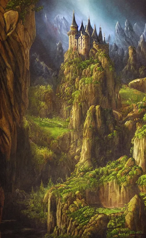 Image similar to A fantasy painting of a castle in a deep valley, lots of detail