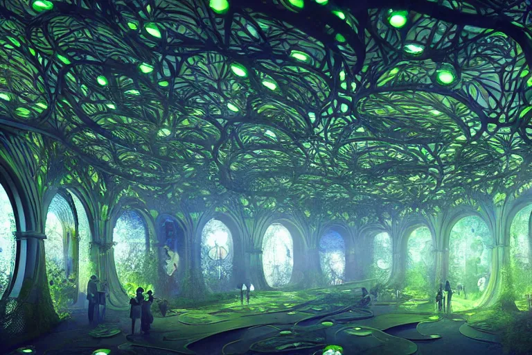 Prompt: futuristic foliage overgrowing detailed favela bioluminescence bunker hive, art nouveau environment, cathedral, award winning art, epic dreamlike fantasy landscape, ultra realistic,