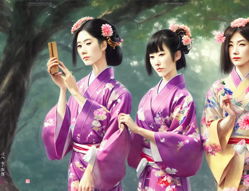 Image similar to two beautiful fashion taiwan girls wear elegant yukata in festival | | big eyes, sunny, realistic shaded, smile, good looking, fine details, 4 k realistic, cryengine, realistic shaded lighting poster by greg rutkowski, magali villeneuve, artgerm, jeremy lipkin and michael garmash and rob rey