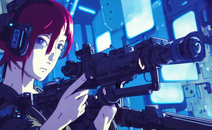 Prompt: action scene, female cyberpunk soldier shooting laser at a large tank, Kyoto animation, blue submarine no. 6, gustav klimt, loish, murata range, kawaii, Madhouse anime studios Black Lagoon Perfect Blue, yoshitaka amano, studio lighting, manga, bright colors, beautiful, 35mm lens, vibrant, high contrast