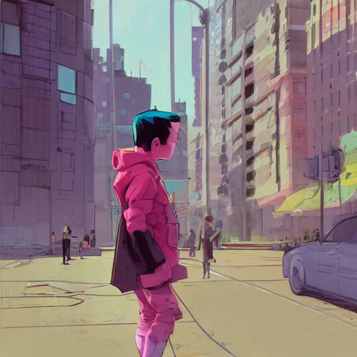 Image similar to damian wayne with pink haired teen boy, city landscape, Gotham, artstation, highly detailed, by makoto shinkai and thomas kindle and James gilleard