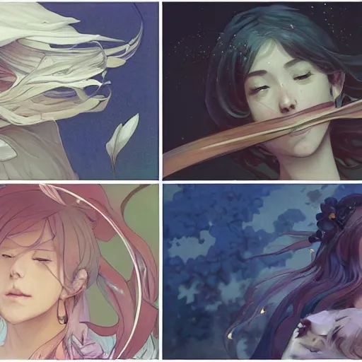 Image similar to looking up as flower petals flow gently as a breeze blows them from left to right on a cloudy day with blue skies, art by artgerm and greg rutkowski and magali villeneuve and alphonse mucha and rossdraws and makoto shinkai, d & d, fantasy, highly detailed, digital painting, trending on artstation, concept art, sharp focus, illustration