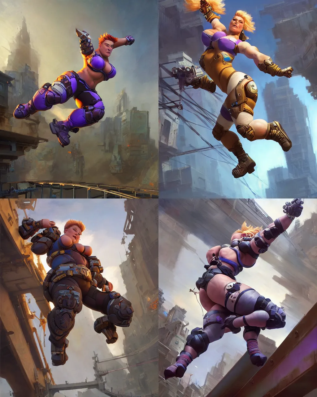 Prompt: zarya from overwatch jumping from a tall bridge into action, low angle, hyperdetailed, hyperrealistic, dynamic lighting, elaborate scene, by craig mullins and donato giancola, artstation, splash art, intricate, sharp focus