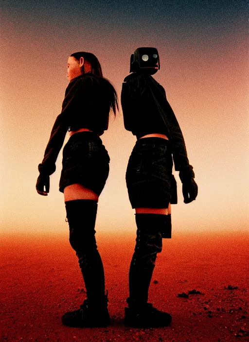 Prompt: cinestill 5 0 d photographic portrait of two loving female androids wearing rugged black techwear on a desolate plain with a red sky, extreme closeup, lizard on ground, cyberpunk style, in front of a brutalist dark metal facility, dust storm, 8 k, hd, high resolution, 3 5 mm, f / 3 2, realistic faces