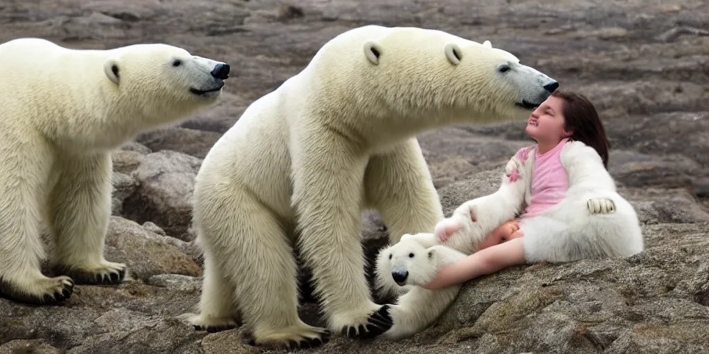 Image similar to A girl and the most honest and cutest polar bear in the world