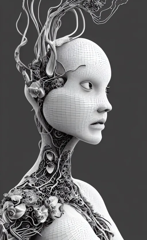 Prompt: black and white complex 3d render of 1 beautiful profile woman porcelain face, vegetal dragon cyborg, 150 mm, sinuous silver metallic ghost orchid and magnolia stems, roots, leaves, fine foliage lace, maze-like, black metalic carbon armour with silver details fractal, anatomical, surrounded by smoke, facial muscles, cable wires, microchip, elegant, highly detailed, rim light, octane render, H.R. Giger style, David Uzochukwu