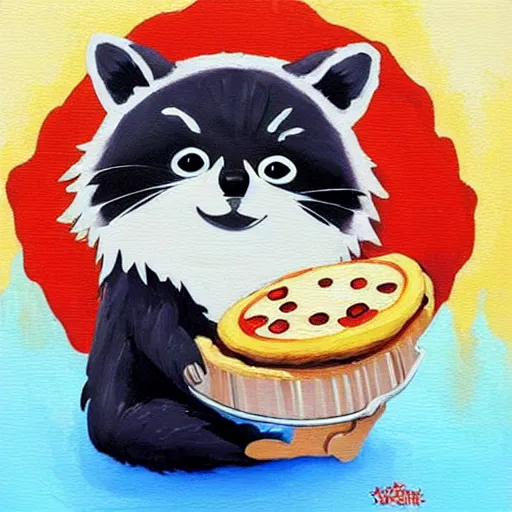 Image similar to a jeremiah ketner and studio ghibli acrylic impasto! painting! of a sad and teary and adorable and cute raccoon eating pizza