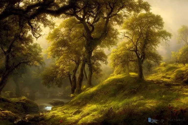 Image similar to masterpiece painting of oak trees on a hillside overlooking a creek, dramatic lighting, by jonas de ro