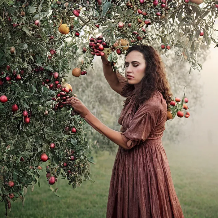 Prompt: a closeup portrait of a woman wearing a dress made of iridescent twine and ribbon, picking pomegranates from a tree in an orchard, foggy, moody, photograph, by vincent desiderio, canon eos c 3 0 0, ƒ 1. 8, 3 5 mm, 8 k, medium - format print