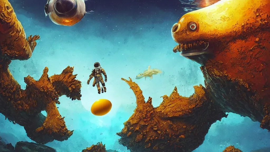 Prompt: An astronaut is under the sea, he has a big bright yellow egg, he is swimming away from the giant leviathan that is behind hunting him, the leavithan has bright red eyes, this is an extravagant planet with wacky wildlife and some mythical animals, the background is full of ancient ruins, the ambient is dark with a terrifying atmosphere, by Jordan Grimmer digital art, trending on Artstation,