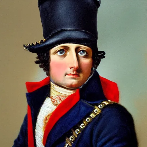 Image similar to a hyperrealistic potrait of napoleon bonaparte, he is staring, highly detailed, thick brush strokes, see able paint layers.