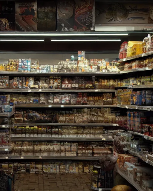 Image similar to gandalf stacking supermarket shelves greg rutkowski, esuthio, craig mullins, cinematic lighting, gloomy