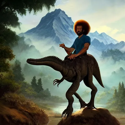 Image similar to bob ross!!! riding!!! a dinosaur!!, giant afro!, model pose, ultra realistic, concept art, intricate details, highly detailed, photorealistic, octane render, 8 k, unreal engine. art by artgerm and greg rutkowski and alphonse mucha