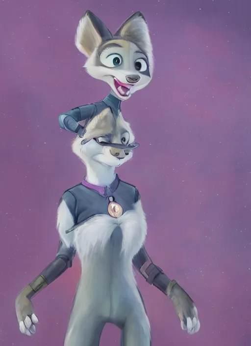 Image similar to oil painting detailed full body of anthromorphic female wolf, in style of zootopia, zootopia, zootopia, fursona, furry, furaffinity, 4 k, deviantart, furry art, fursona art, wearing astronaut outfit, in style of zootopia, wolf fursona, cyberpunk, female, expressive, detailed feminine face,