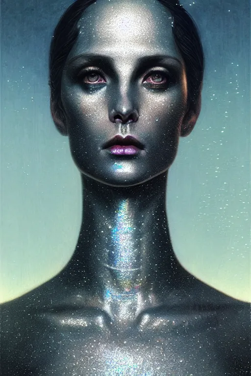 Prompt: head up pearlescent black lilith! the primordial mother of all monsters!! stares into the sky, covered in iridescent glitter!!, raining ash, fine art masterpiece, highly detailed dino valls wayne barlowe machiej kuciara, dramatic lighting, medium shot, side angle, uhd 8 k, sharp focus